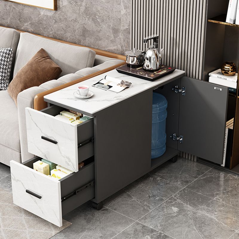 Modern Rectangle Sofa Side Accent Table with Stone Top and Drawers