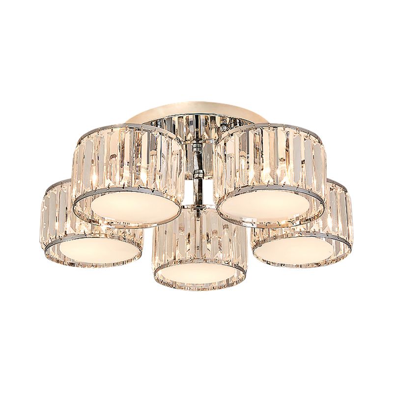 Crystal Drum Flush Mount Modernist 3/5/7 Heads Living Room Ceiling Lamp in Chrome Finish