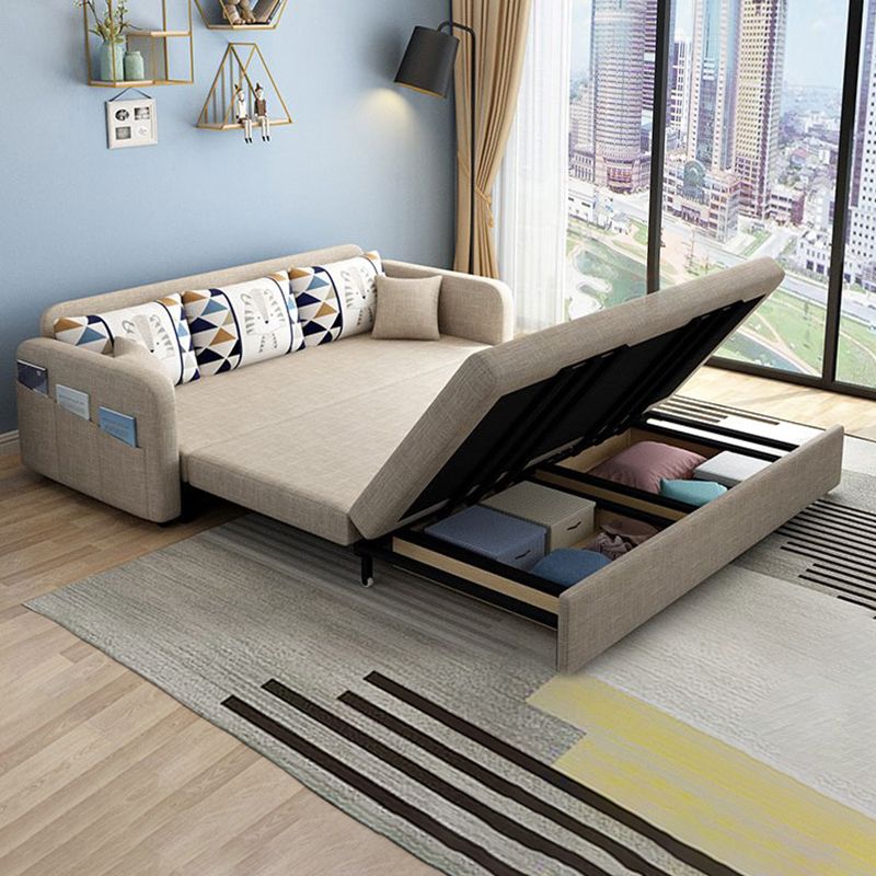 Contemporary Cotton Blend Square Arm Sofa Bed with Pillows in Brown