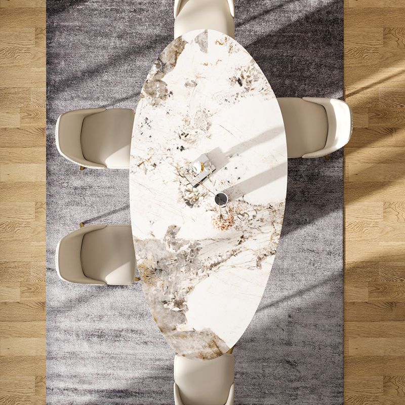 Luxury Oval Dining Table Sintered Stone Top White Metal Base Table