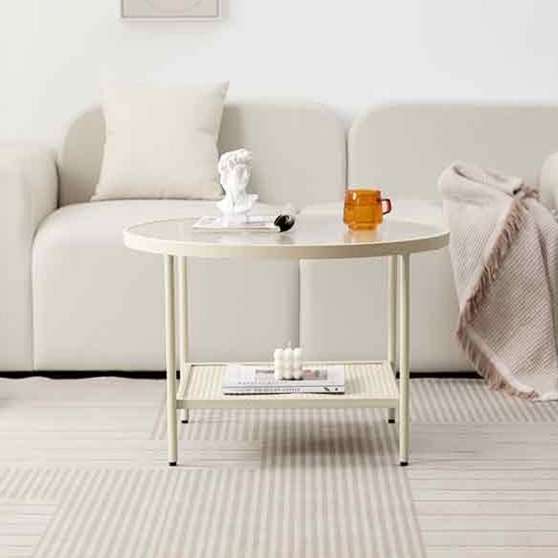 Modern 17.7"H Round Glass Cocktail Table Iron 4 Legs Coffee Table with Shelf