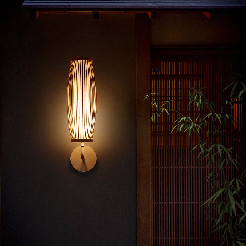 South-east Asia Elongated Oval Wall Light Fixture Bamboo Single Corridor Wall Mounted Lamp in Wood