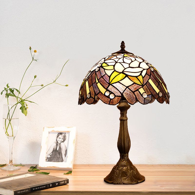 Cut Glass Domed Shade Night Lighting Victorian 1-Light Red/Brown Flower Patterned Table Lamp for Bedside
