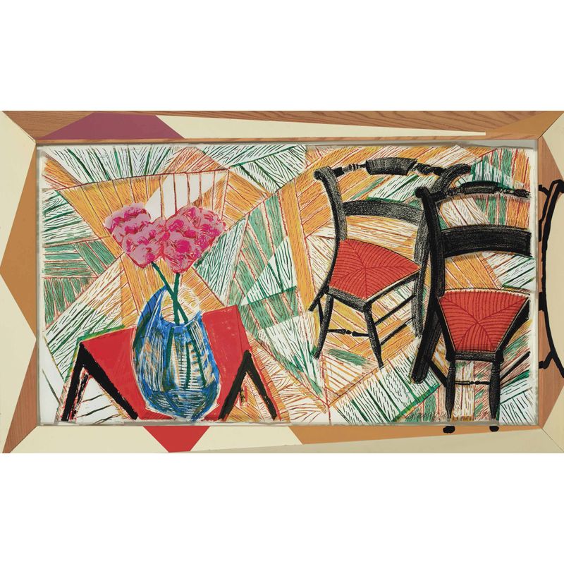 Art Flower and Chairs Mural Red-Yellow-Green Still Life Wall Decoration for Living Room