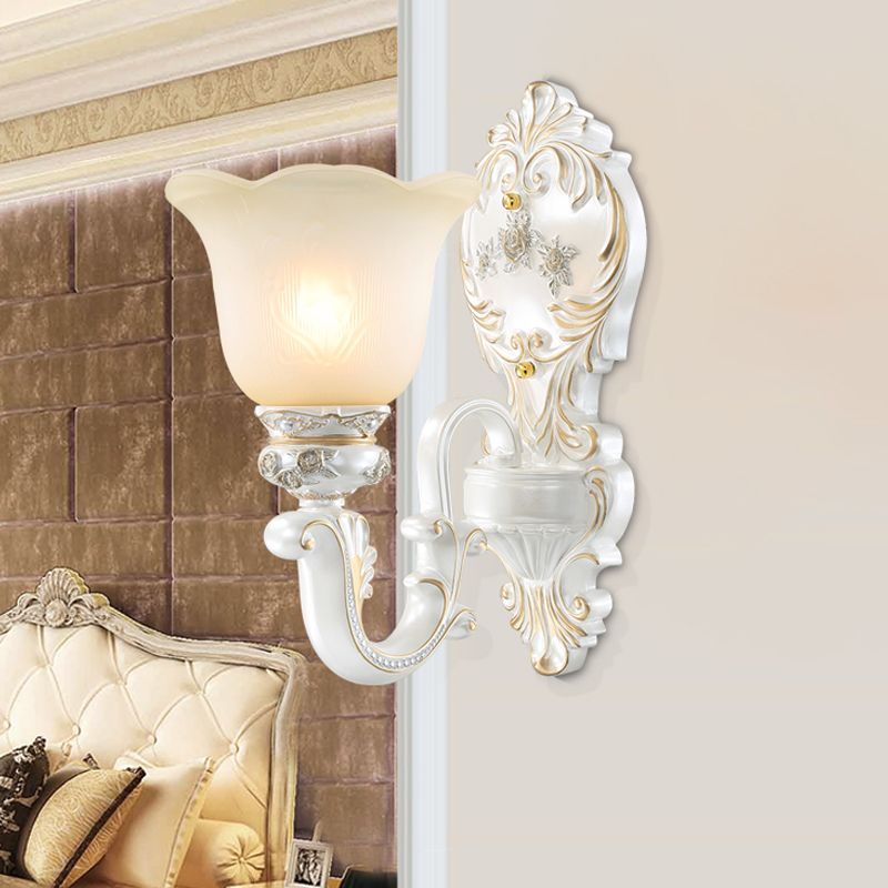 1/2-Bulb Scalloped-Trim Bell Wall Light Traditional White-Gold Frosted Glass Wall Mount Lighting