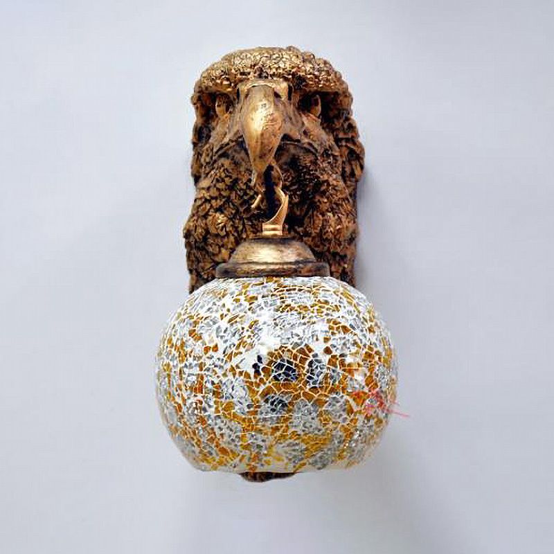 Cut Glass Silver/Beige/Red Wall Mount Lighting Owl Head 1 Light Mediterranean Sconce for Balcony