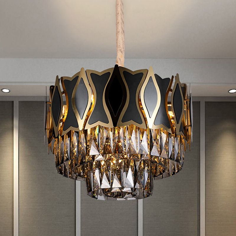Black Round Chandelier Pendant Light Modernism 9 Lights Rectangle-Cut Crystal Suspension Light