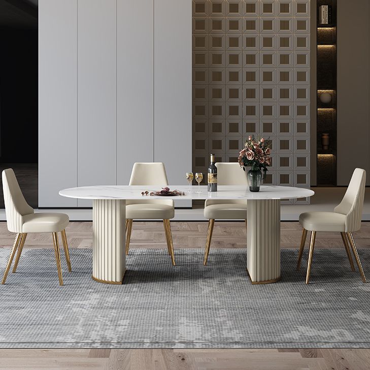 Mesa de comedor de piedra sinterizada glamorosa de sinterización de mesa de comedor estándar con bases de pedestal doble