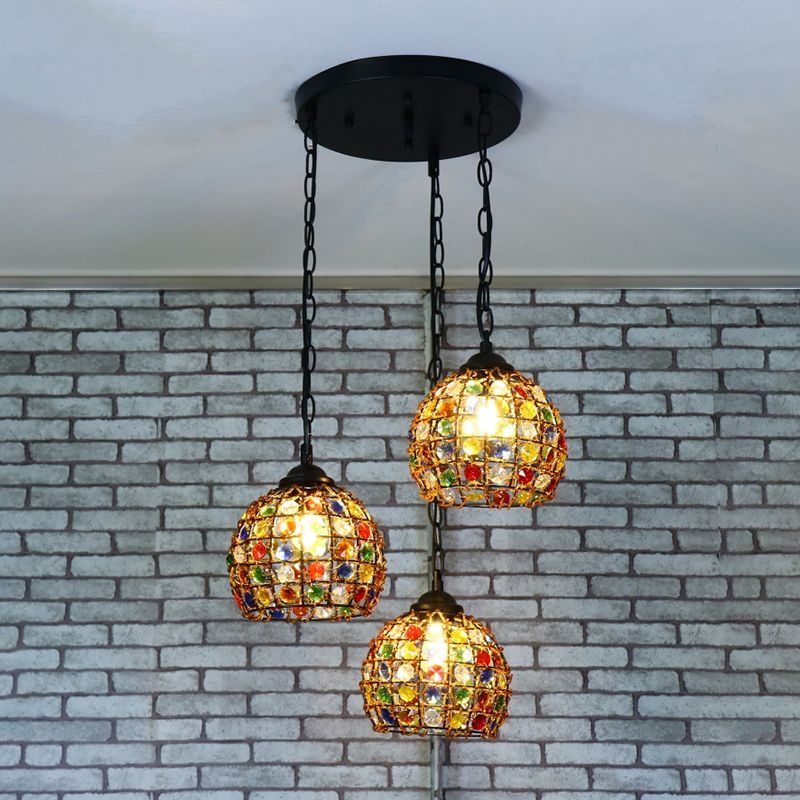 Dome Restaurant Cluster Pendant Light Bohemian Metal 3 Lights Black Hanging Lamp with Round/Linear Canopy