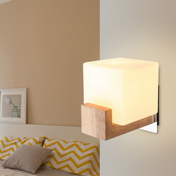 Modern Simplicity Single Light Square Wall Lamp Wood Bedroom Living Room Wall Mount Lighting