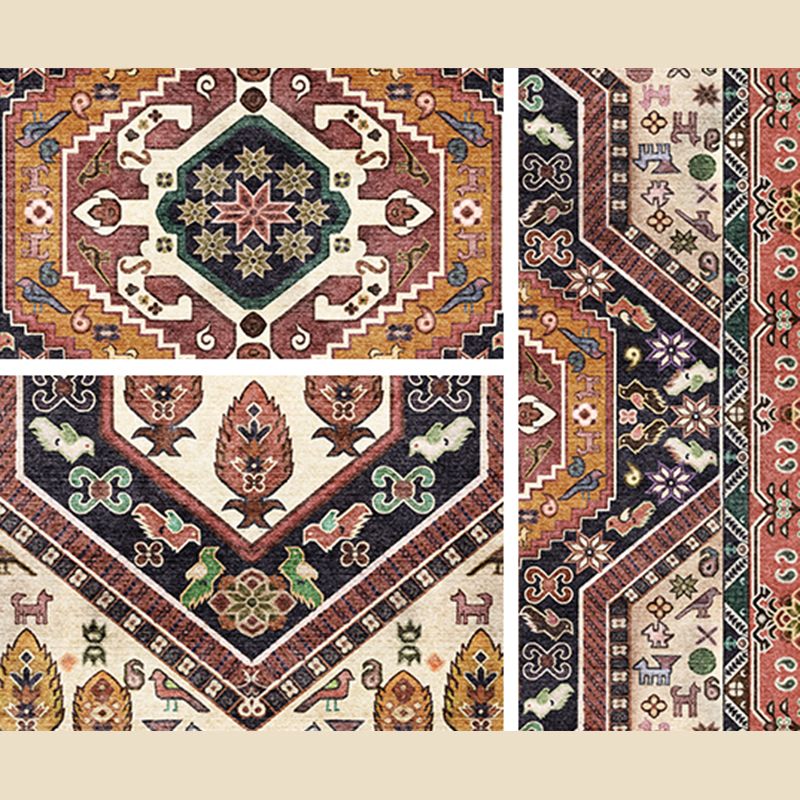 Red Tone Persian Carpet Polyester Moroccan Tile Indoor Rug Anti-Slip Backing Rug for Living Room