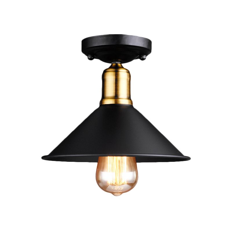 1 Light Conic Semi-Flush Mount Light Vintage Stylish Black/White Metallic Close to Ceiling Lighting