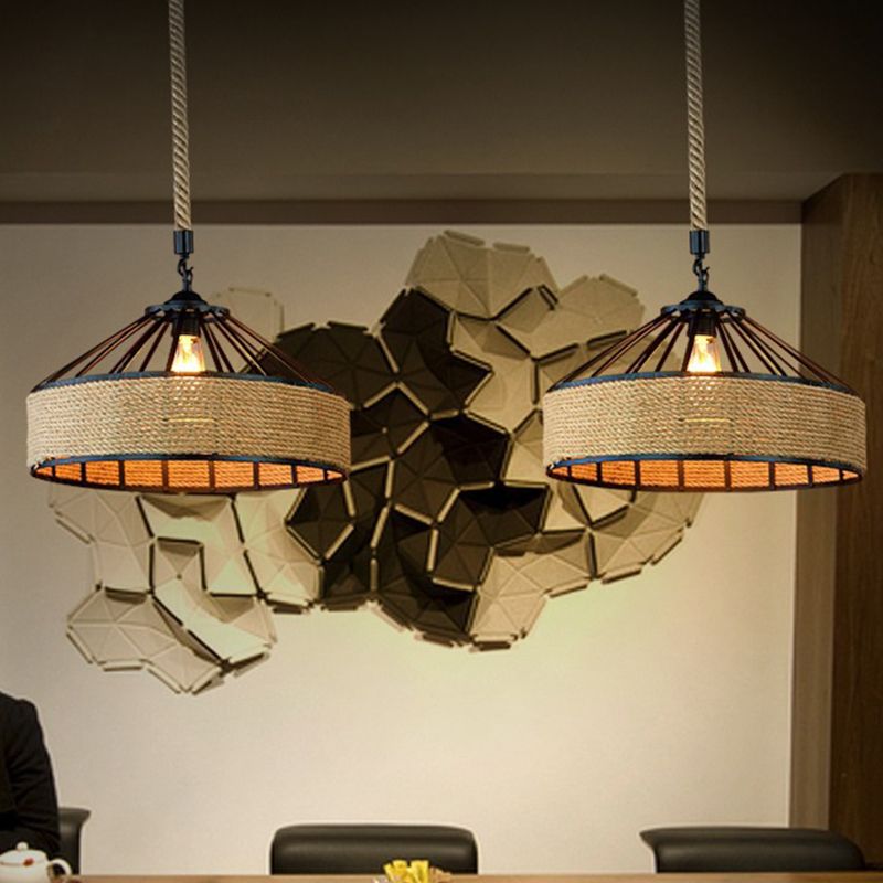 1 Head Suspension Lighting Farmhouse Rope Barn Shade Metal Drop Lamp in Black for Dining Room