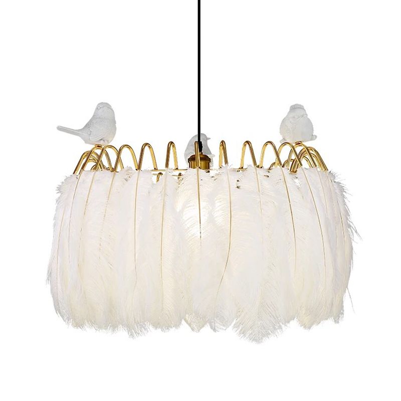 Drum Hanging Light Fixture Modern Feather Living Room Ceiling Pendant Lamp in White