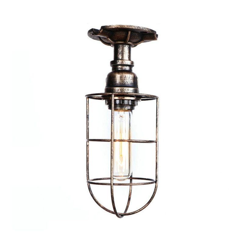 Black / Bronze 1 Bulb Semi-Flush Mount Light Vintage Metal Wire Guard Ceiling Mounted Light for Corridor