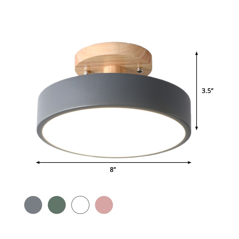 Iron Drum Flushmount Nordic White/Green/Grey Finish LED Semi Close to Ceiling Light with Wood Canopy for Corridor