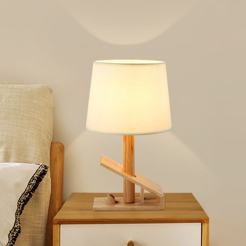 Clip Shape Wood Nightstand Light Modern 1-Light White Adjustable Fabric Table Lamp with Plug-In Cord