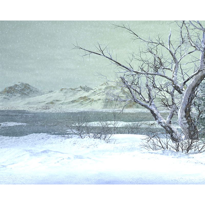 Illustration Style Winter Hills Mural Giant Wall Covering for Dining Room, Custom