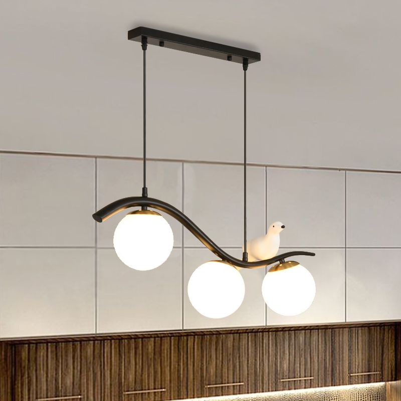 Ball Shade Hanging Lamp Kit Modernism Clear/White Glass 3 Heads Black Island Lighting with Pigeon Decor