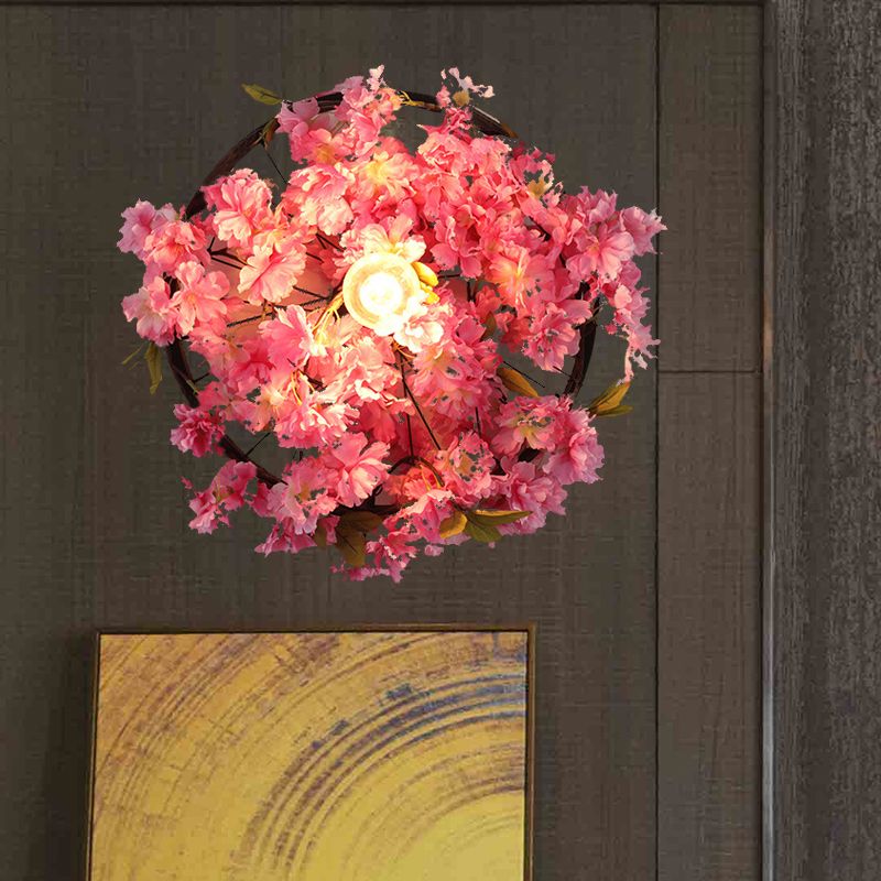 Vintage Wagon Wall Wall Light 1 Glühbirne LED -Metall Wandleuchte in Rosa/Grün mit Blumen/Pflanzendekoration