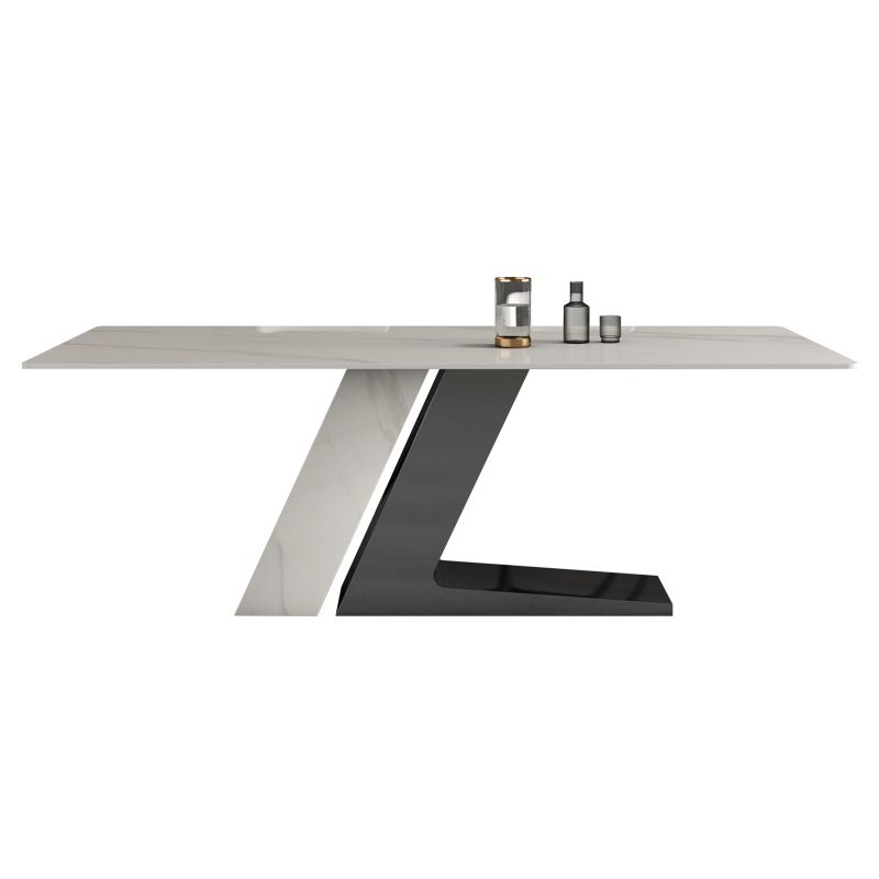 Modern Style Sintered Stone Dining Set with White Rectangle Shape Table and Double Pedestal Base