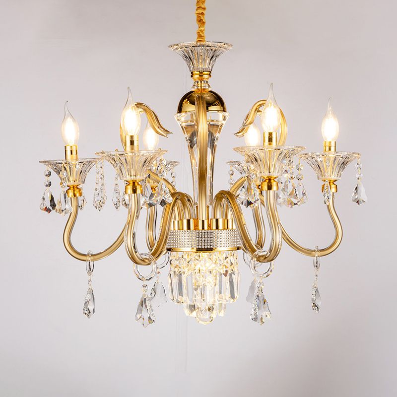 Traditional Candelabra Chandelier 6/8 Heads Metal Drop Pendant in Gold with Clear Crystal Droplet