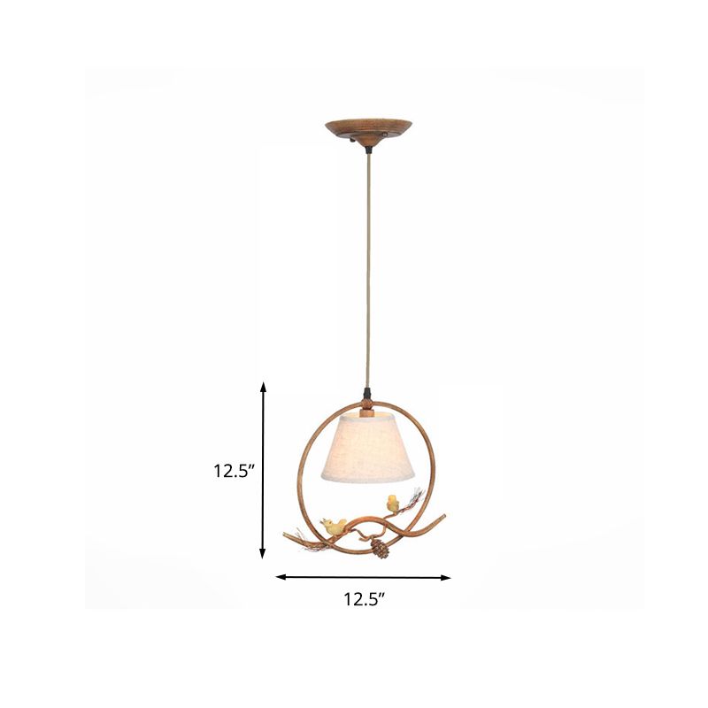 1 Light Cone Pendant Lighting Country Rust Fabric Hanging Ceiling Light with Metal Frame and Bird Decoration