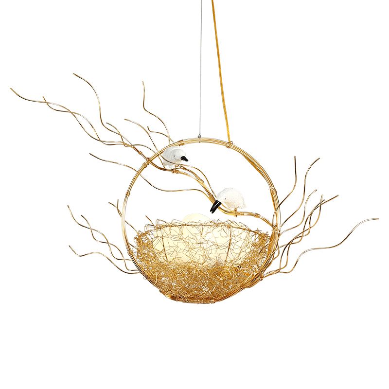 Artistry 3-Light Chandelier Pendant Golden Aluminum Basket Hanging Lamp with Birds and Matte White Glass Balls