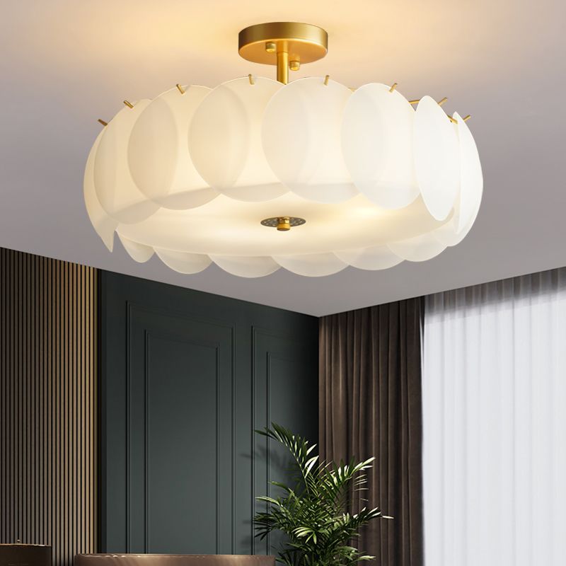 Gold Metal Semi Flush Lamp Modern Multi-Head Bedroom Ceiling Lighting with Glass Shade