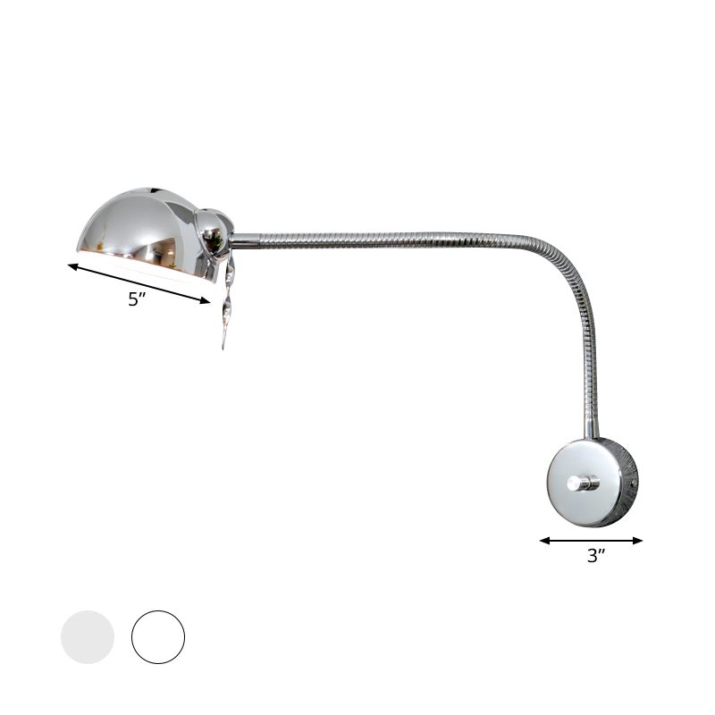 1 Bulb Dome Shade Wall Lamp with Flexible Arm Vintage Chrome/White Metallic Sconce Lamp for Bedside
