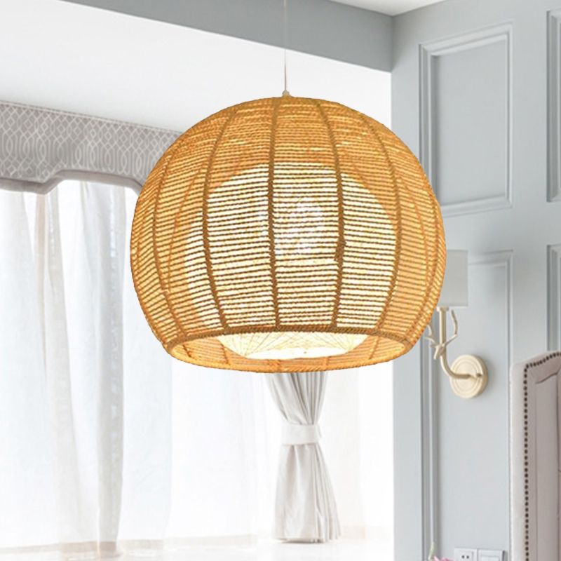 Beige/Flaxen Orb Hanging Light Rustic Rope Shade Single Pendant Lamp over Dining Table