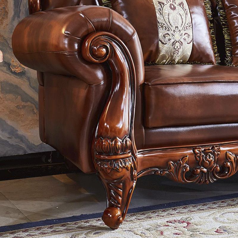 Traditional Tufted Split-Back Seating Flared Arm Sofa with Pillows in Brown