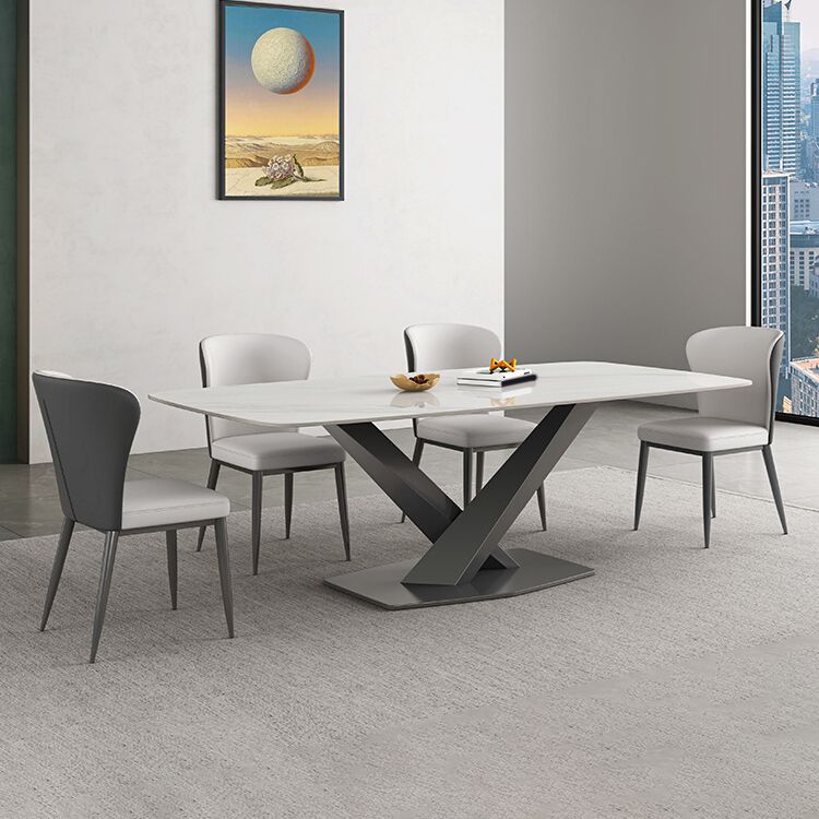 White Stone Top Dining Table Rectangular Tabletop with Metal Pedestal Base