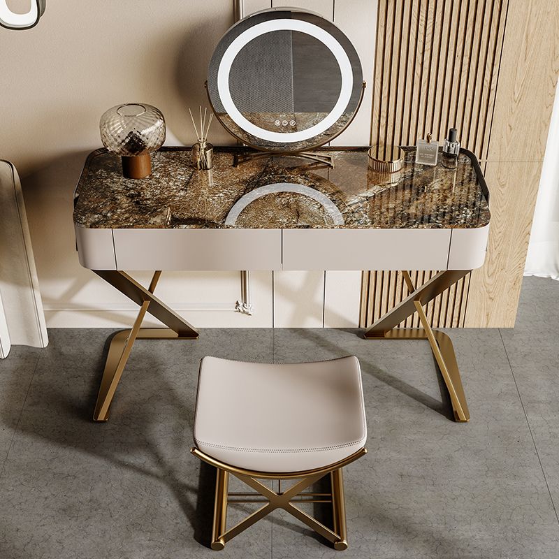 Slate Vanity Table 2-Drawer Stool Vanity Set with Lights Mirror