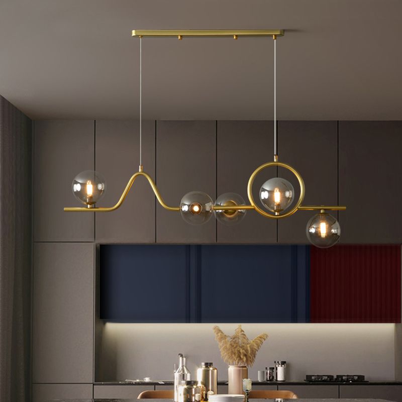 Postmodern Curve Island Ceiling Light Metallic Dining Room Pendant Lamp with Ball Glass Shade