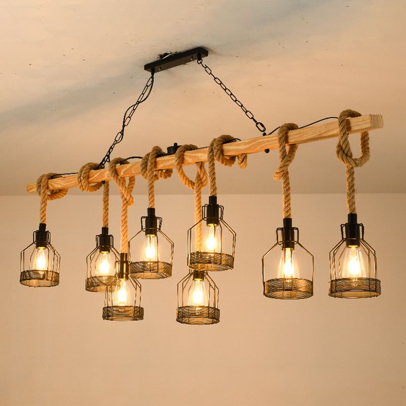 Industrial Wood Pendant Light Linear Shape Island Light with Metal Shade for Bar Counter