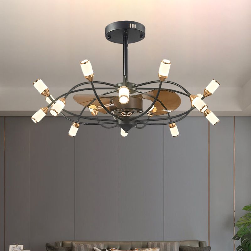 Gebogener Arm Metallic Semi Flush Mount zeitgenössische 16-köpfige 35,5-Zoll-schwarze Lüfterlicht mit 3 braunen Klingen