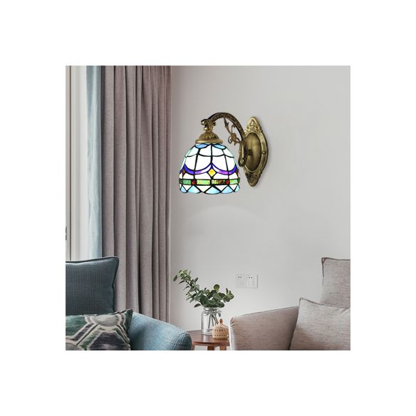 Stained Glass Domed Wall Lamp with Carved Arm 1 Light Tiffany Traditional Wall Lamp in Blue