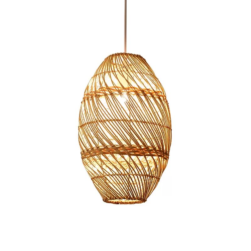 Wood Oblong Suspension Light Asian-Style 1 Bulb Bamboo Rattan Ceiling Pendant Lamp