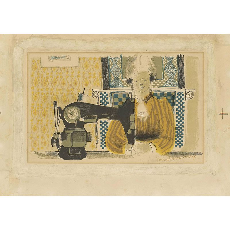 Pastel Color Art Deco Murals Full Size Woman with Sewing Machine Drawing Wall Covering for Home