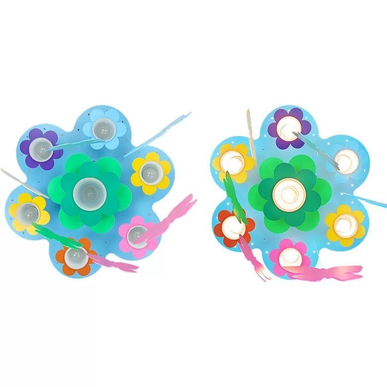 Plafonnier à fleurs bleues avec papillon suspendu, plafonnier en bois à 7 têtes pour chambre d'enfant