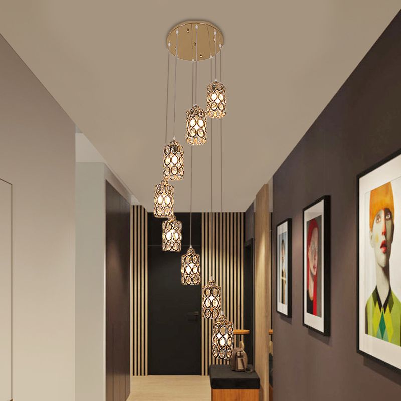 8 Heads Hanging Lamp Contemporary Stair Multi Light Pendant with Cylinder Crystal Shade in Gold