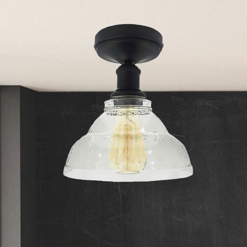 1 Light Bowl Shade Semi Flush Light Industrial Black/Chrome Clear Glass Ceiling Mount for Living Room