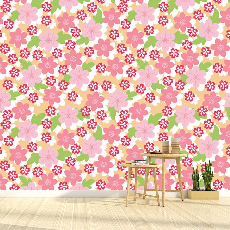 Contemporary Florets Wall Murals in Pink and Green Bedroom Wall Covering, Made to Measure