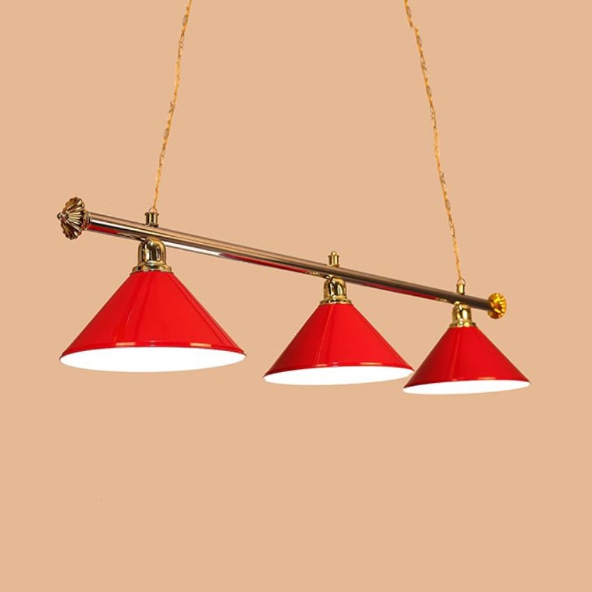 Conical Metallic Billiard Light Factory 3-Head Indoor Island Lighting Fixture in Black/Red/Blue