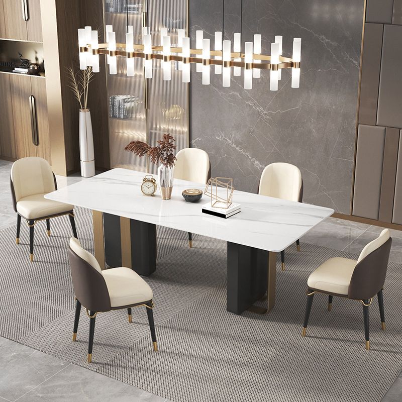 Mesa de comedor rectangular de piedra sinterizada de lujo para interiores con pedestal doble