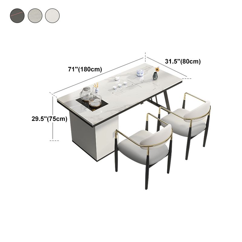 Mesa de comedor con encimera rectangular y tapa de piedra moderna con pedestal doble de metal