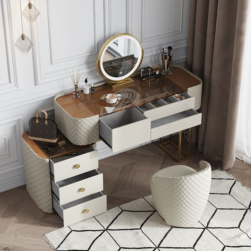 White Mirrored Make-up Vanity Glass Top Dressing Table Stool Set