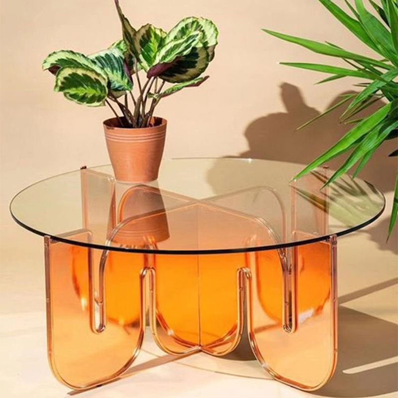 Contemporary Round Coffee Table with Glass Top and Acrylic Cross Base