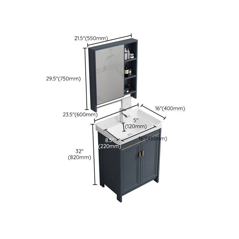 Freestanding Bath Vanity Blue Rectangle Mirror 2 Doors Bathroom Vanity with Single Sink